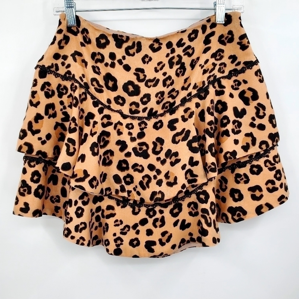 Olivaceous Leopard Print Crotchet Detail Mini Tiered Skirt